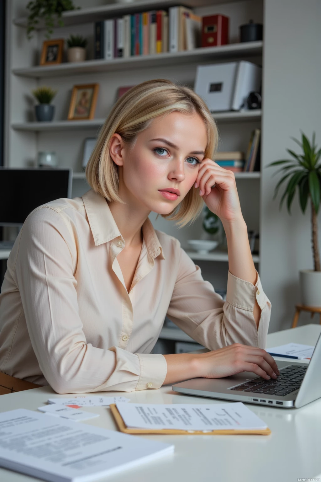 A person in a beige shirt is sitting at a desk with a laptop and some papers, appearing to be working or studying.