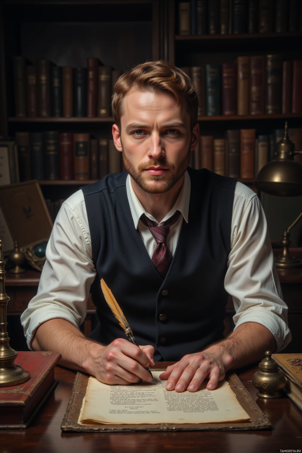 A man in a vest and tie is seated at a desk, writing with a quill.