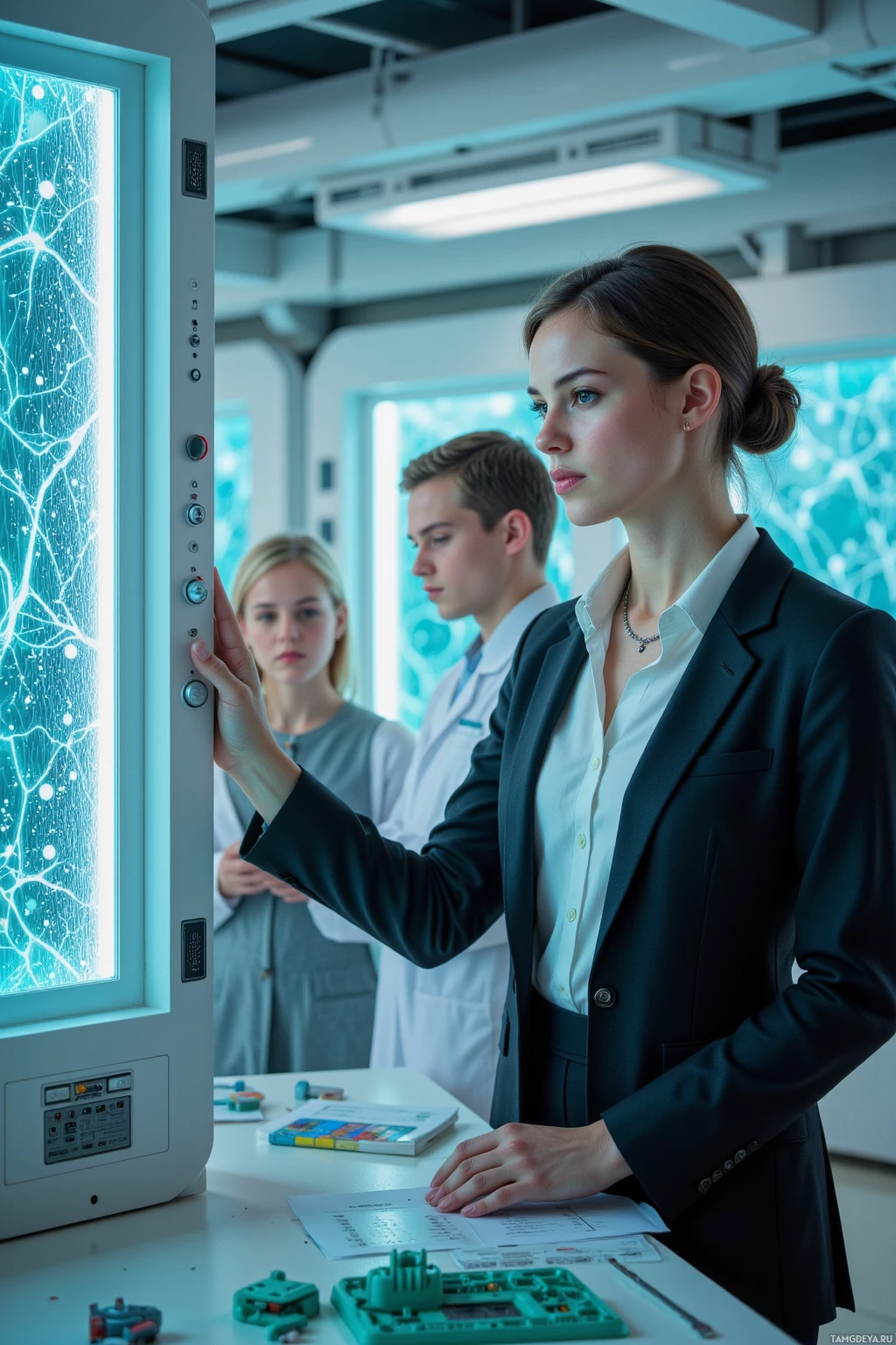 A group of individuals in a laboratory setting, focusing on a large screen displaying neural network visuals.