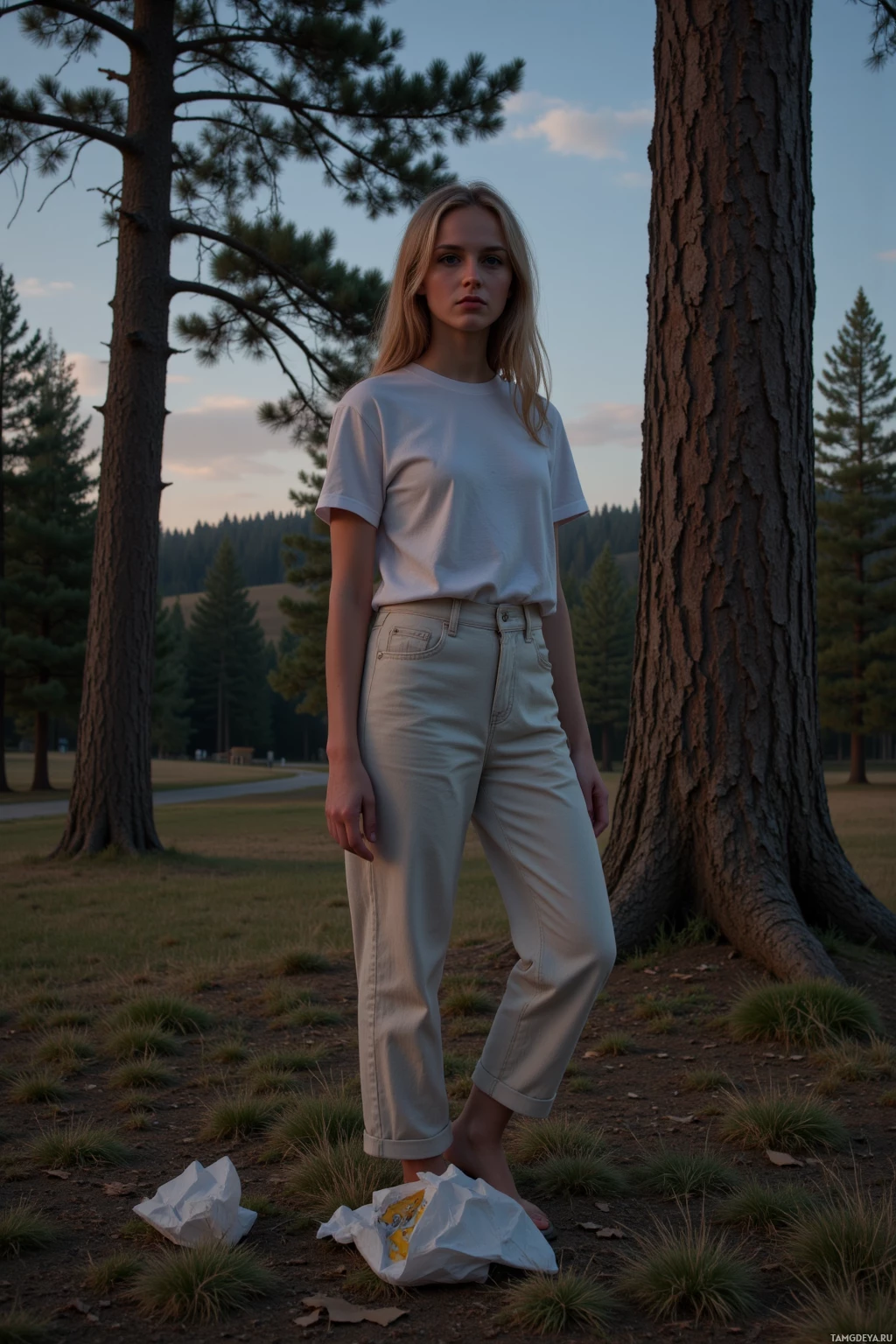 A person stands outdoors in a natural setting, wearing a white t-shirt and light-colored pants, with a bag on the ground nearby.