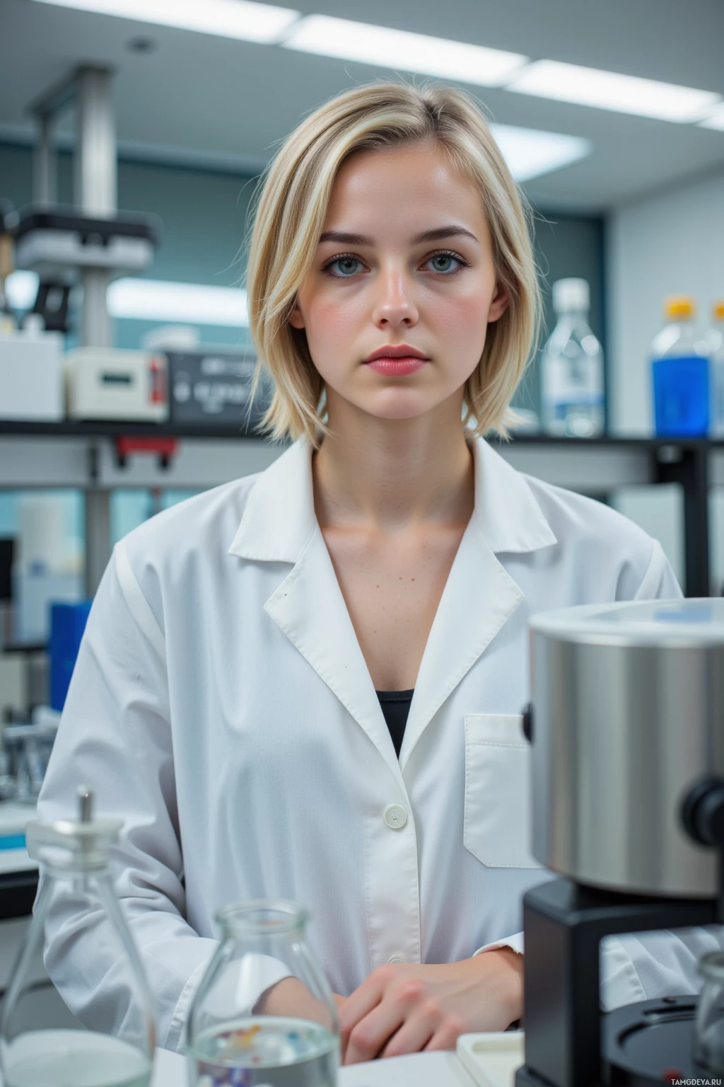 A person in a white lab coat stands in a laboratory setting.