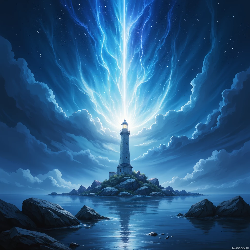 A lighthouse on an island emits a bright beam of light into the night sky with streaks of blue energy.
