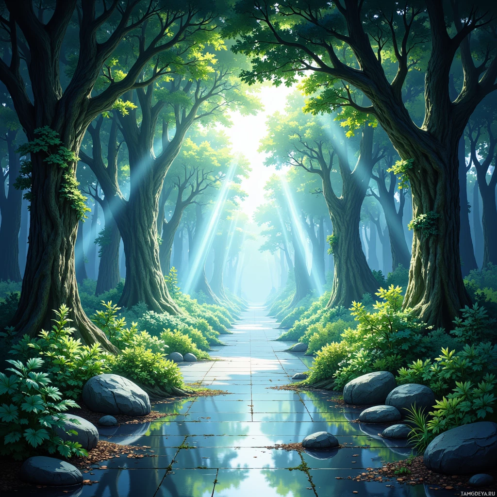 A serene forest scene with sunlight streaming through the trees, casting a peaceful glow on a stone path.