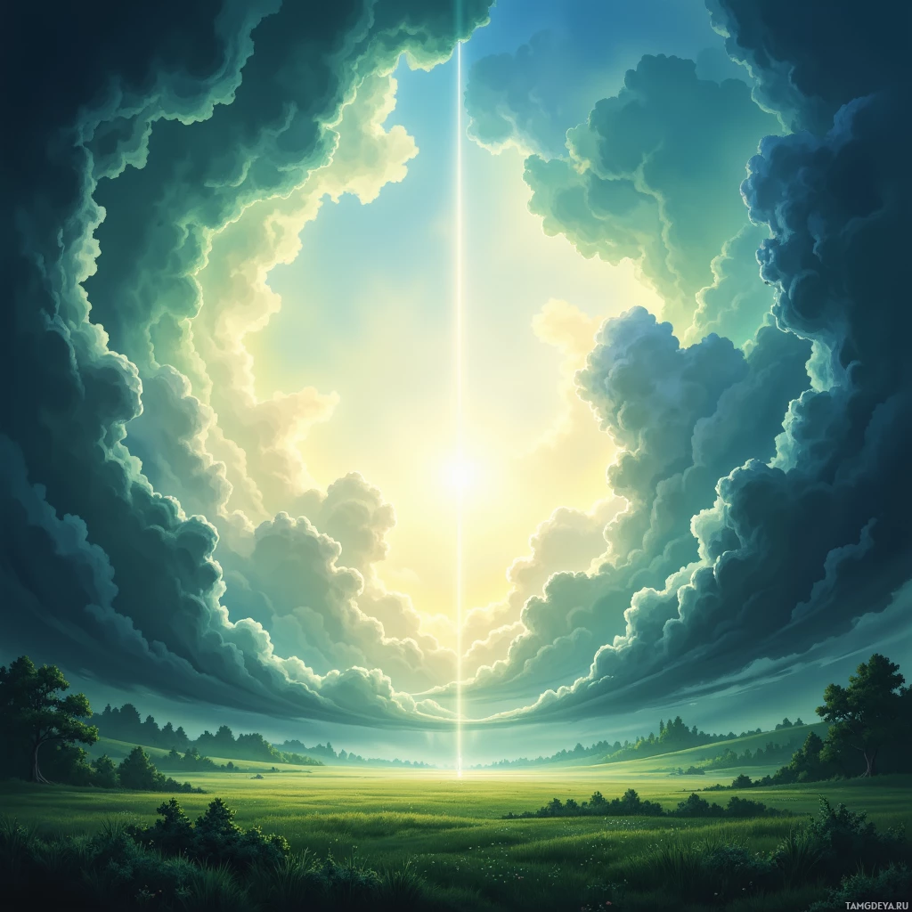 A serene landscape with a bright sun shining through dramatic clouds over a lush green field.