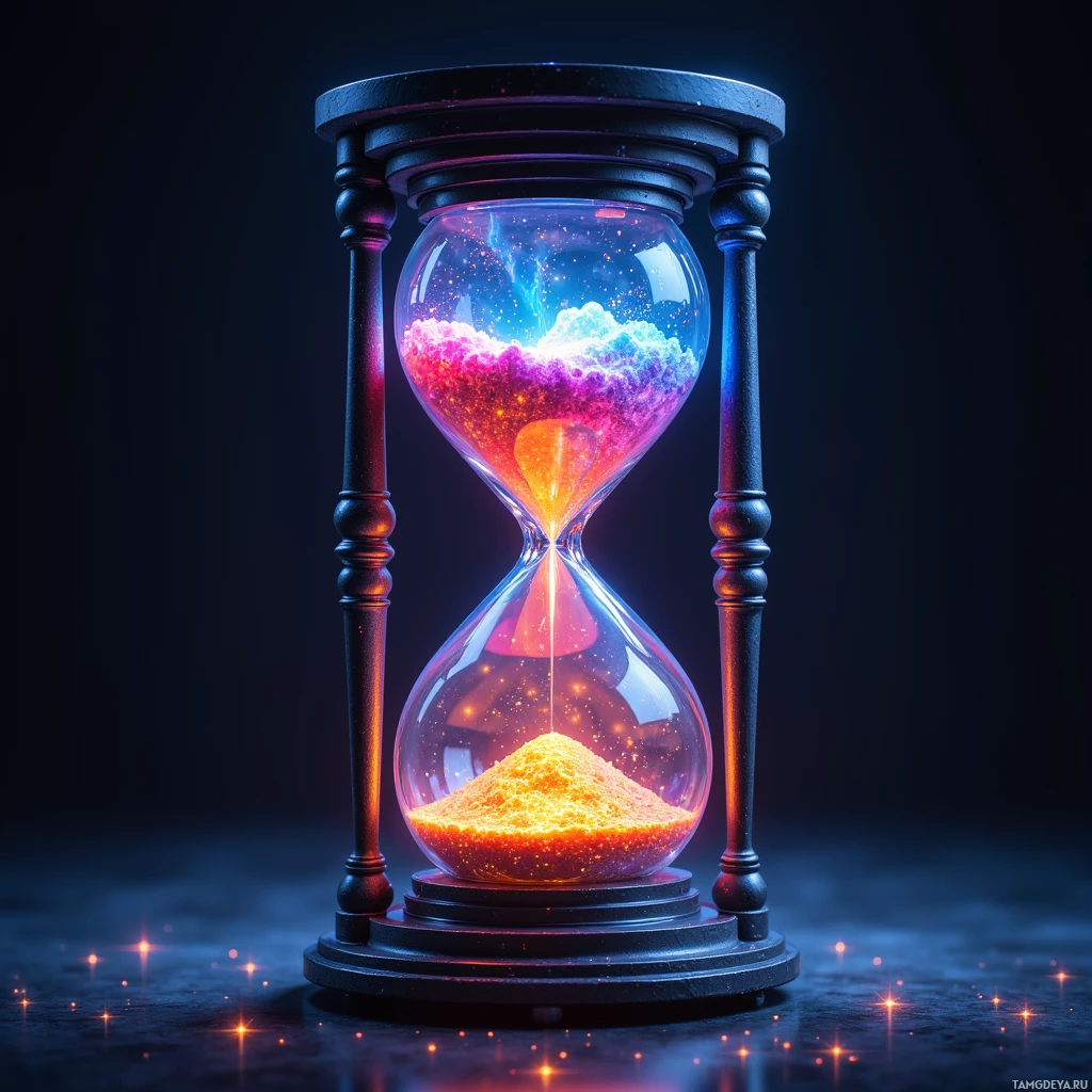 A glowing hourglass with colorful sand and sparks.