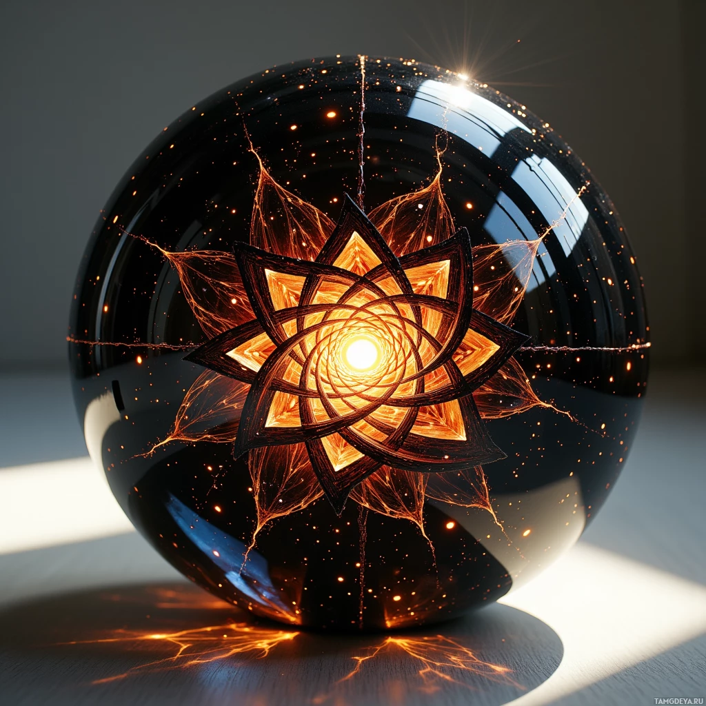 A glowing, intricate geometric pattern within a reflective sphere.