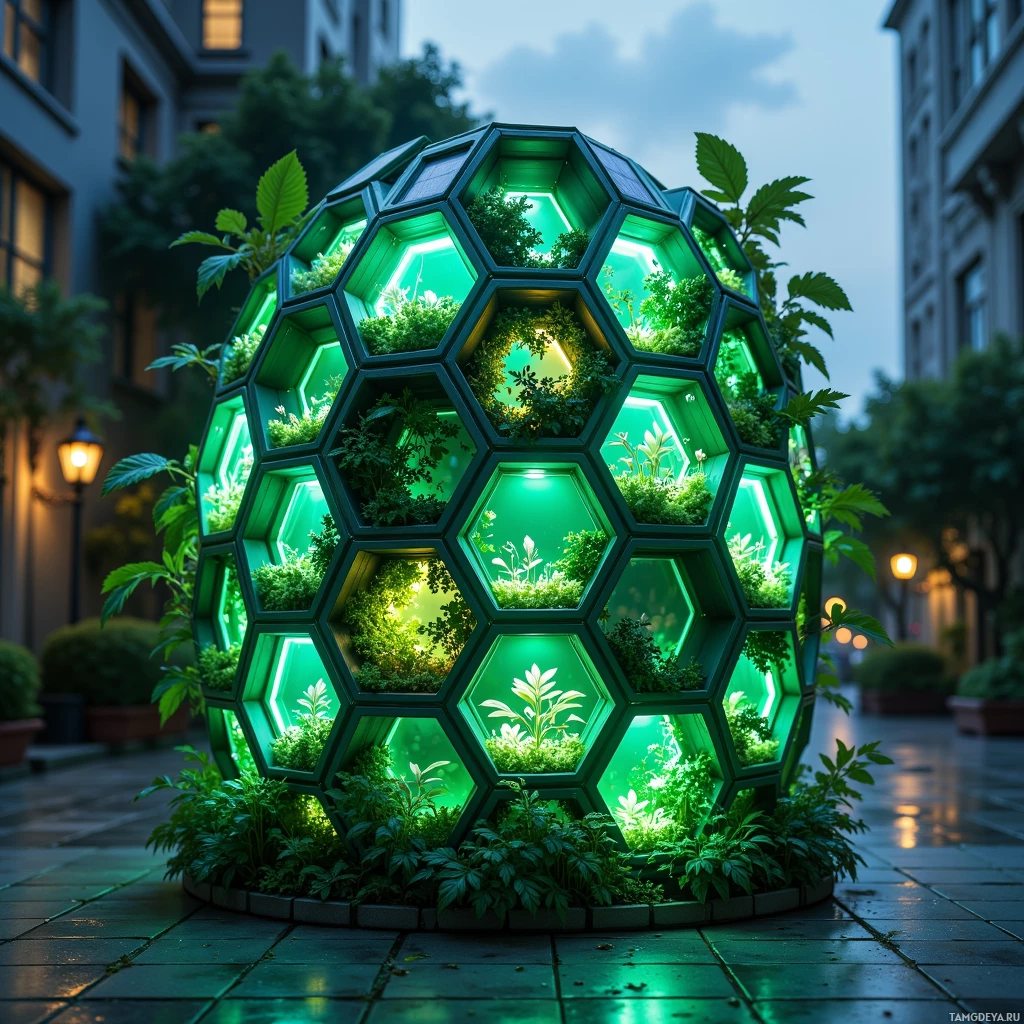 A hexagonal structure filled with plants and illuminated from within, set in an urban environment.