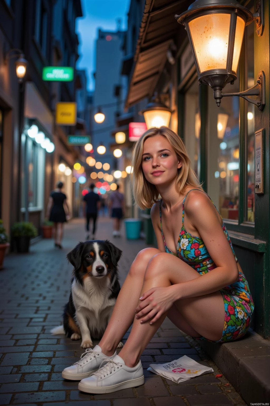 Realistic high quality photo. A 24‑year‑old woman with straight shoulder‑length blonde hair and bright blue eyes, wearing a colorful sundress and sneakers, smiles confidently as she quickly sketches on a napkin beside a flickering lantern on a narrow side street at night, while a curious dog nearby adds a splash of color and blurred city lights glow softly in the background.