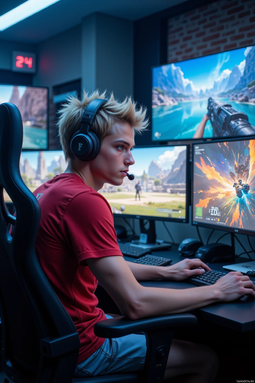 A person wearing headphones is seated at a desk with multiple monitors displaying a video game.