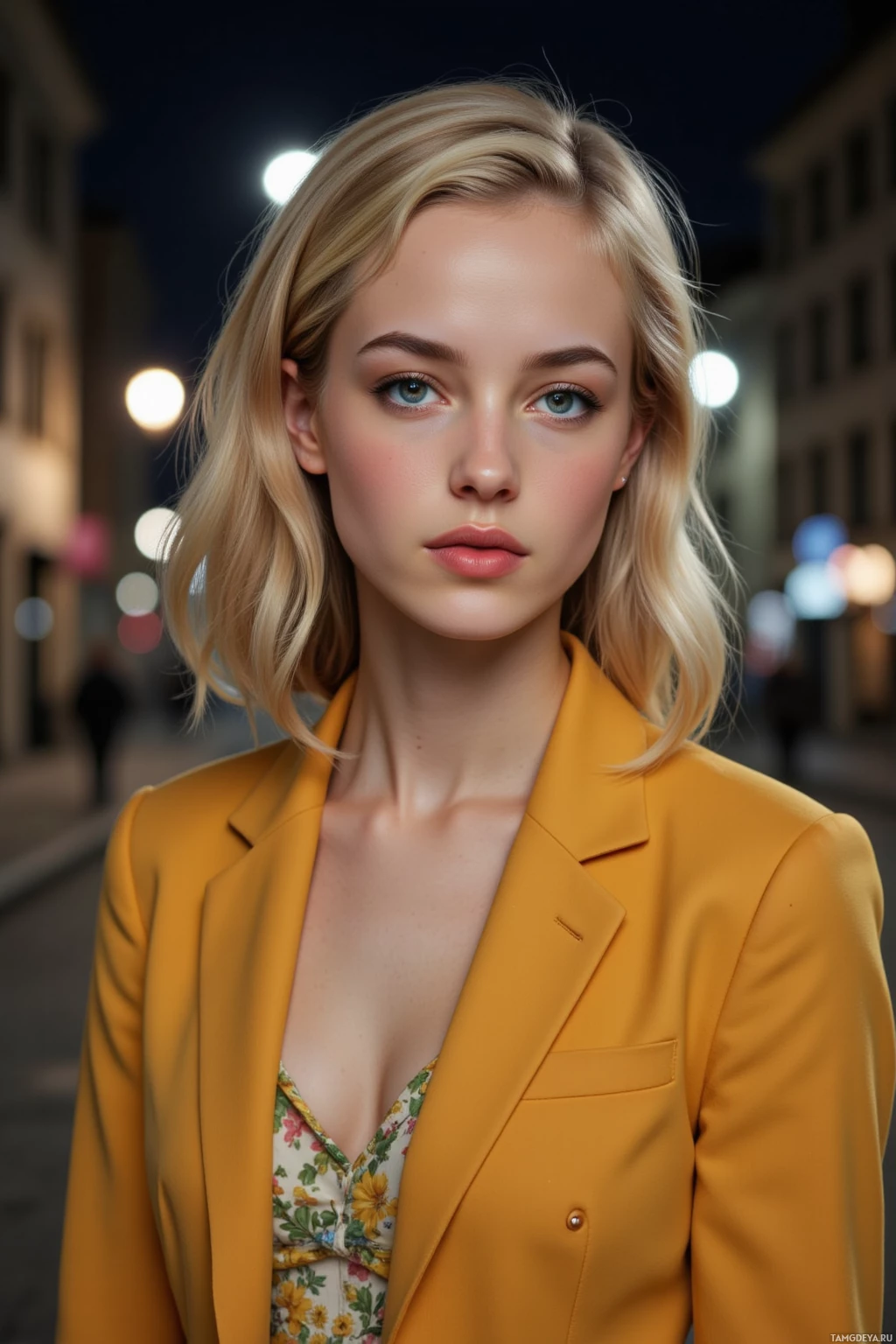 A person wearing a yellow blazer over a floral top, standing on a street at night with blurred lights in the background.