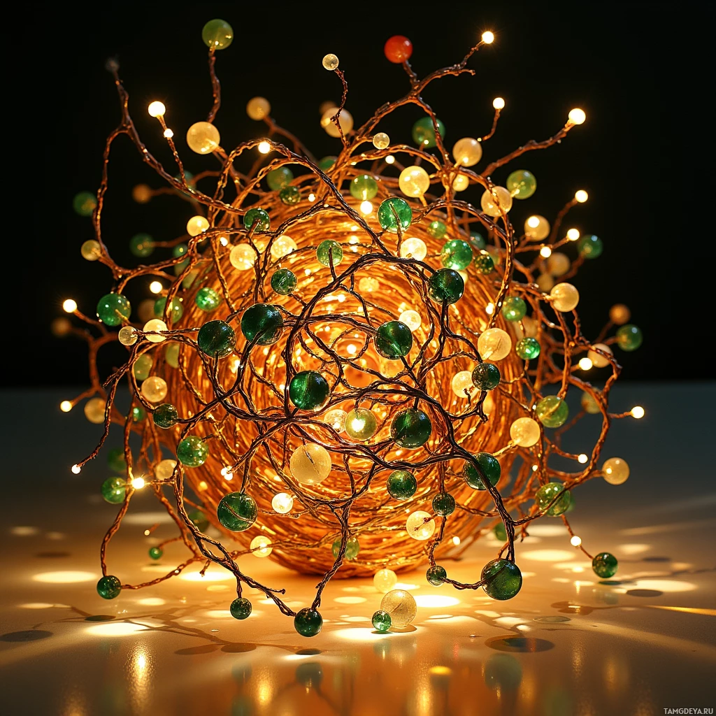 A decorative arrangement featuring intertwined branches adorned with glowing spheres in green and yellow hues against a dark background.