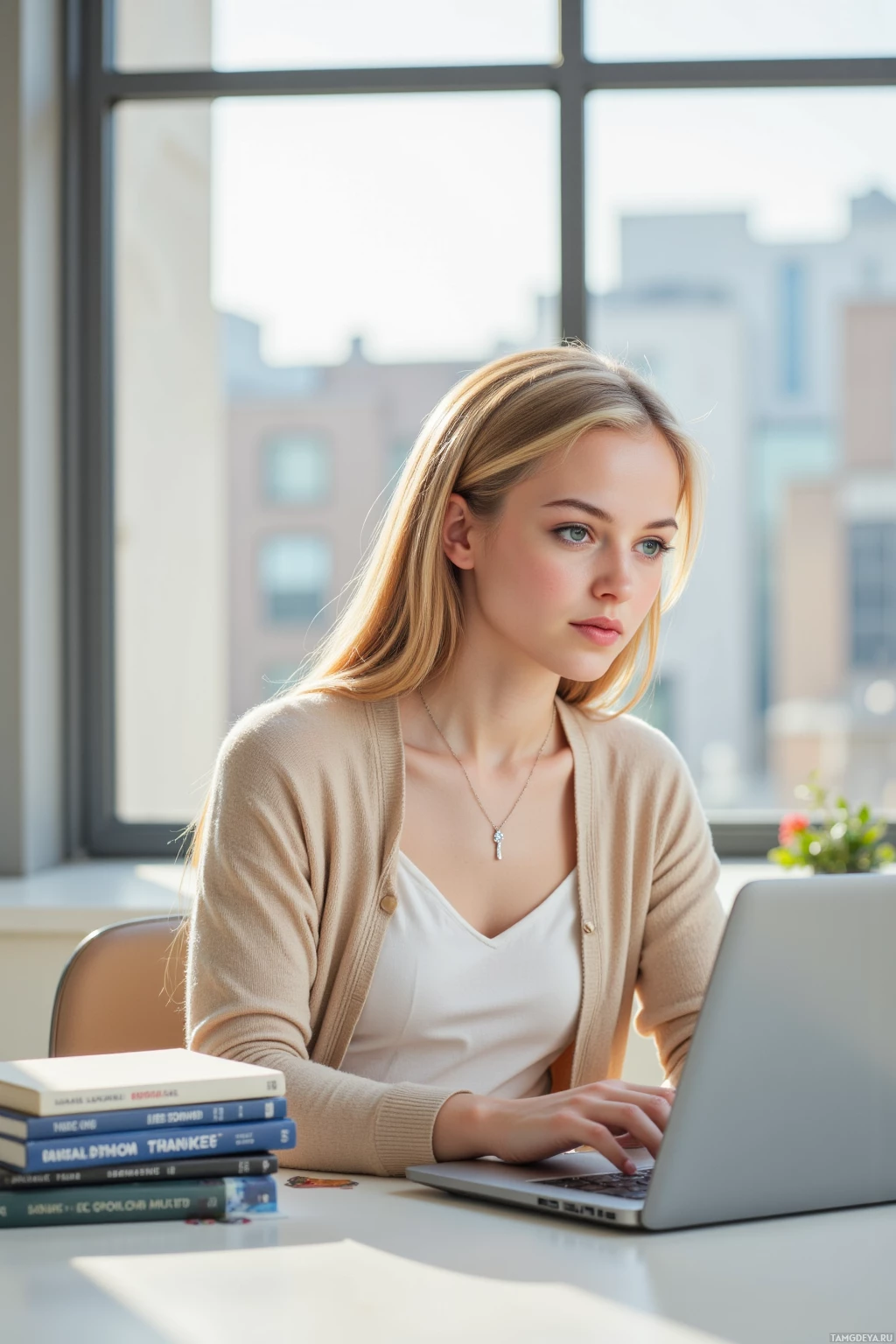 A woman is sitting at a desk with a laptop, looking focused.