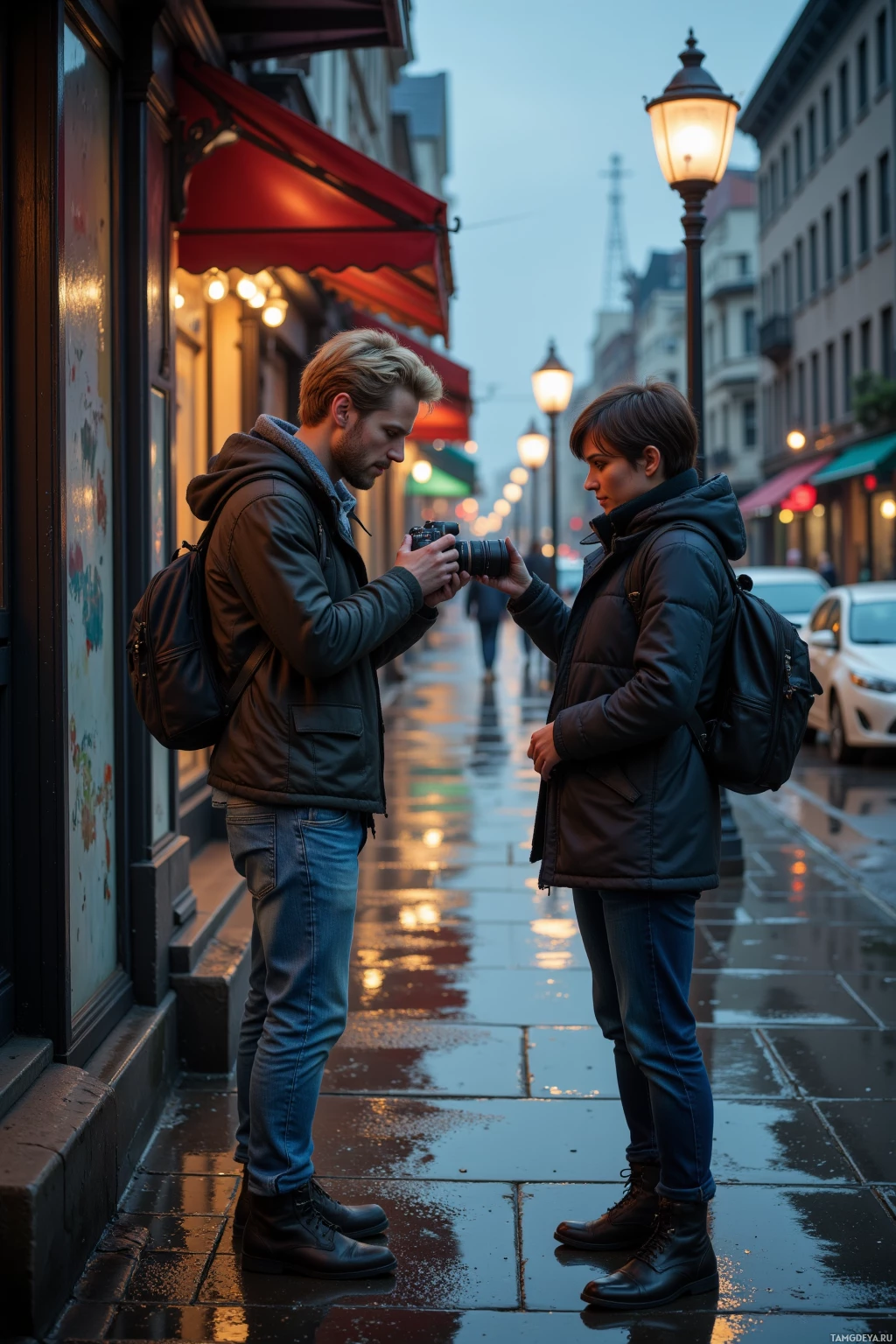 Realistic high quality photo. 30‑year‑old male photographer with blond hair, blue eyes, pale skin, wearing a worn casual jacket and faded jeans stands on a wet city sidewalk at dusk, intently pulling back the lens of a DSLR to capture the flickering glow of a streetlamp reflected in a puddle while beside him a smiling passerby with short dark hair offers a rare warm connection.