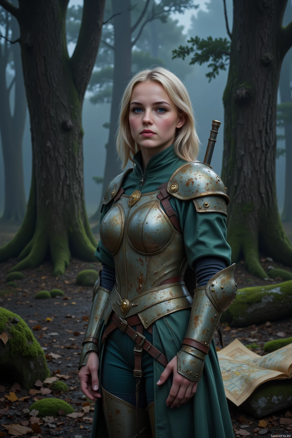 A person in medieval armor stands in a forested area.