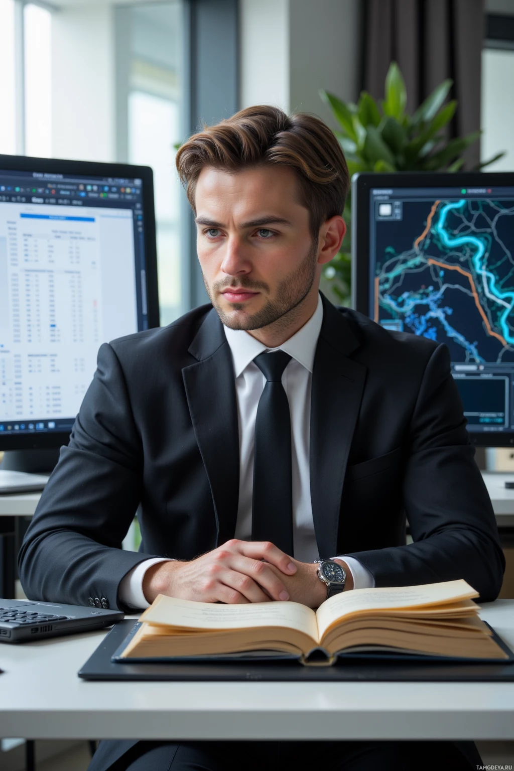 A man in formal attire sits at a desk with two computer monitors displaying data and maps behind him.