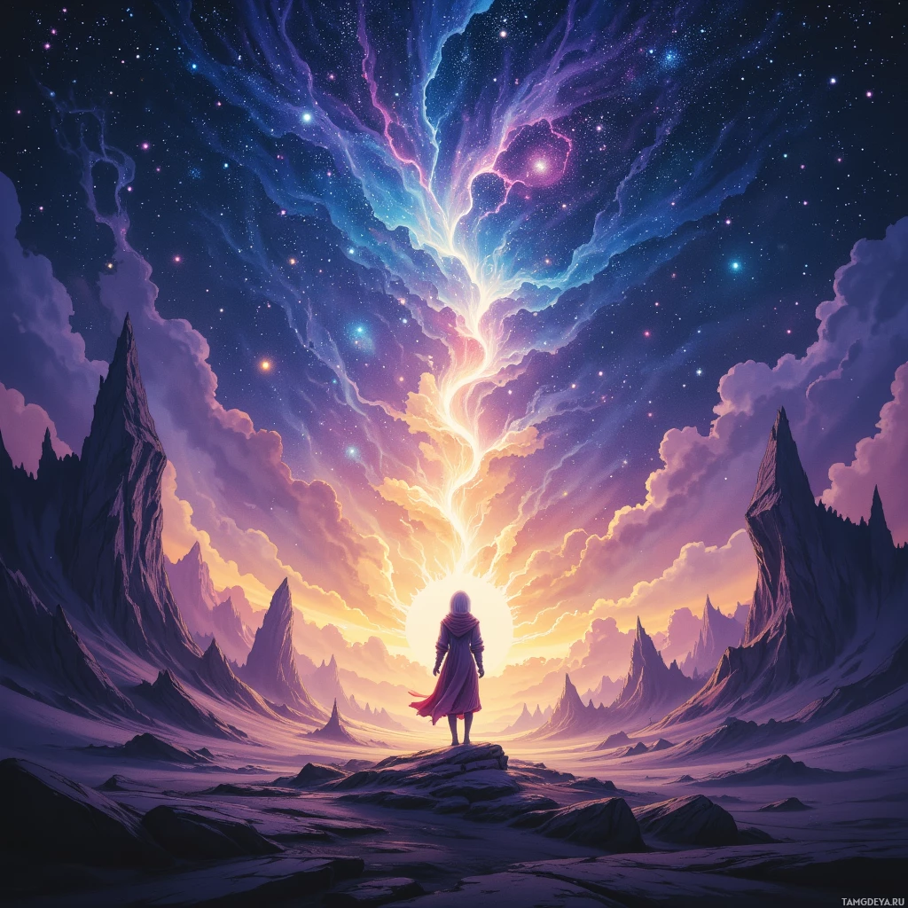 A lone figure stands on a rocky outcrop, gazing at a vibrant, cosmic sky with a radiant light source at its center.