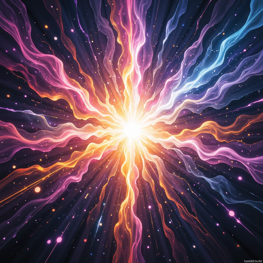 A vibrant cosmic explosion with radiant, colorful energy streams radiating outward against a dark background.