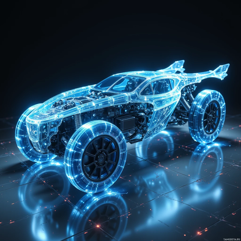 Semi-abstract image with many light, that is suitable for the post:  A sleek modular chassis with a translucent graphene composite lattice core, faint blue glowing micro‑actuator lines and bright magnetic snap points that flex like living muscle to reconfigure into hoverbike, tank hull or drone pod.