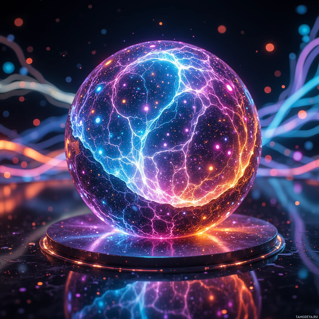A glowing, electric sphere with vibrant colors and intricate patterns.