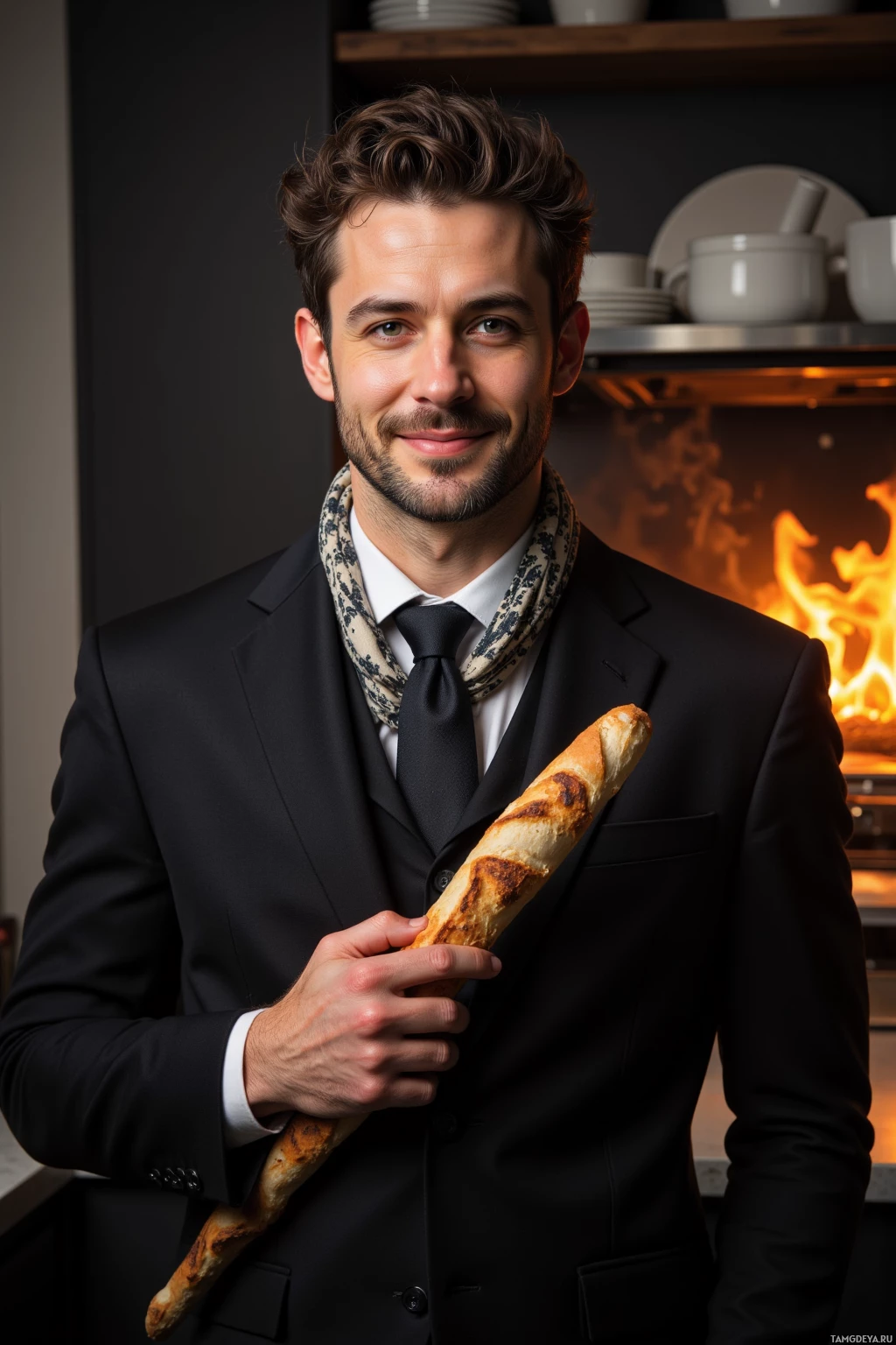 A man in a suit holds a baguette in front of a kitchen background.