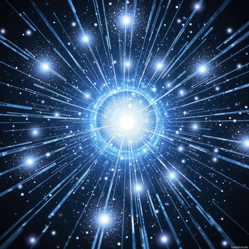 A vibrant cosmic scene with a bright central light and radiating blue streaks against a starry background.