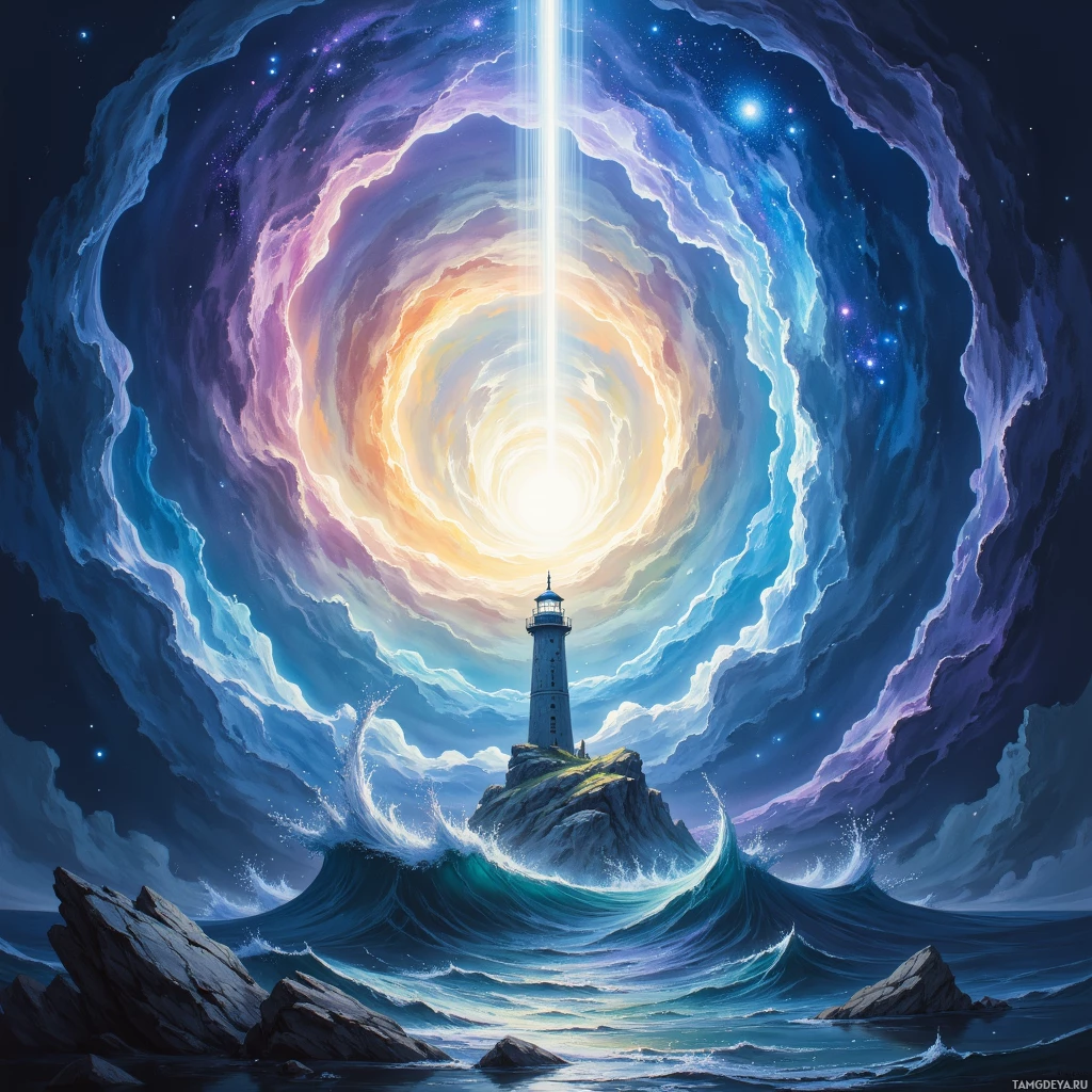 A lighthouse stands on a rocky island surrounded by crashing waves under a cosmic sky with swirling clouds and a bright light beam.