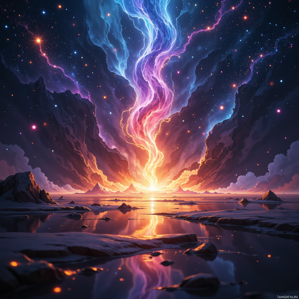 A vibrant cosmic scene with swirling nebulae and a glowing horizon reflected in a calm body of water.