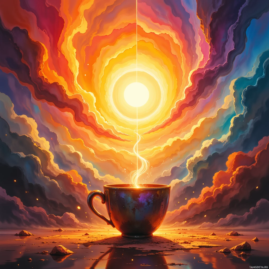 A vibrant, surreal scene featuring a glowing cup with a radiant light beam extending upwards, set against a dynamic sky with swirling clouds and a bright central light.