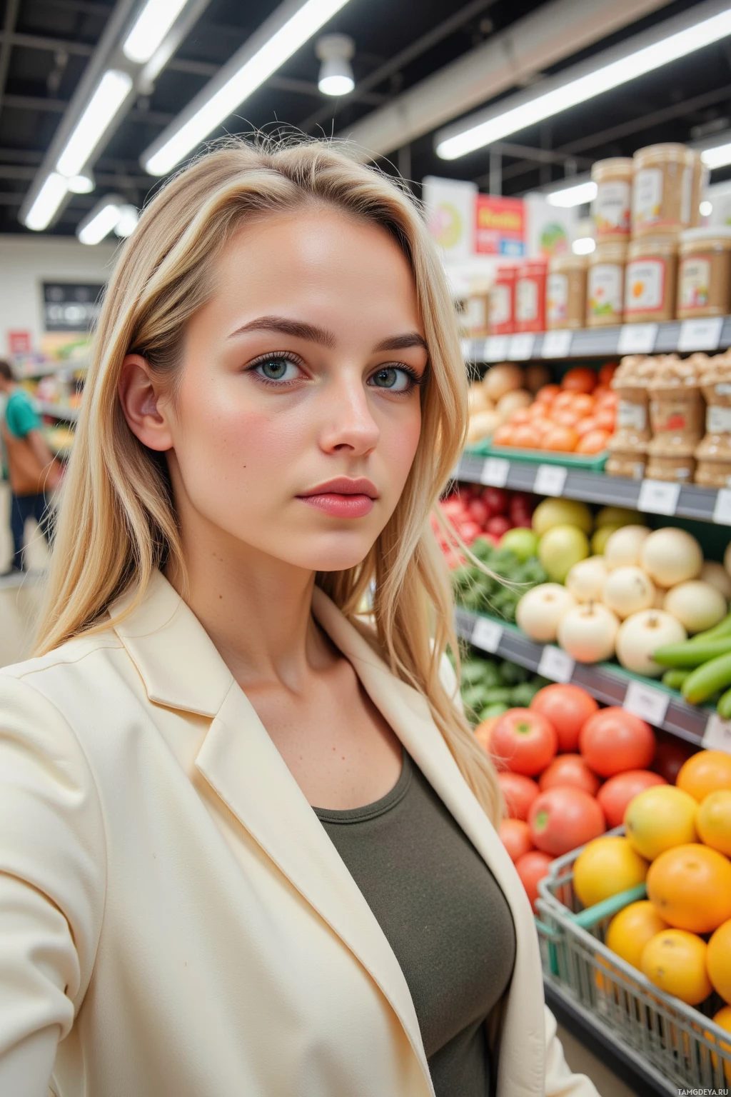 A person takes a selfie in a grocery store aisle with fresh produce visible in the background.
