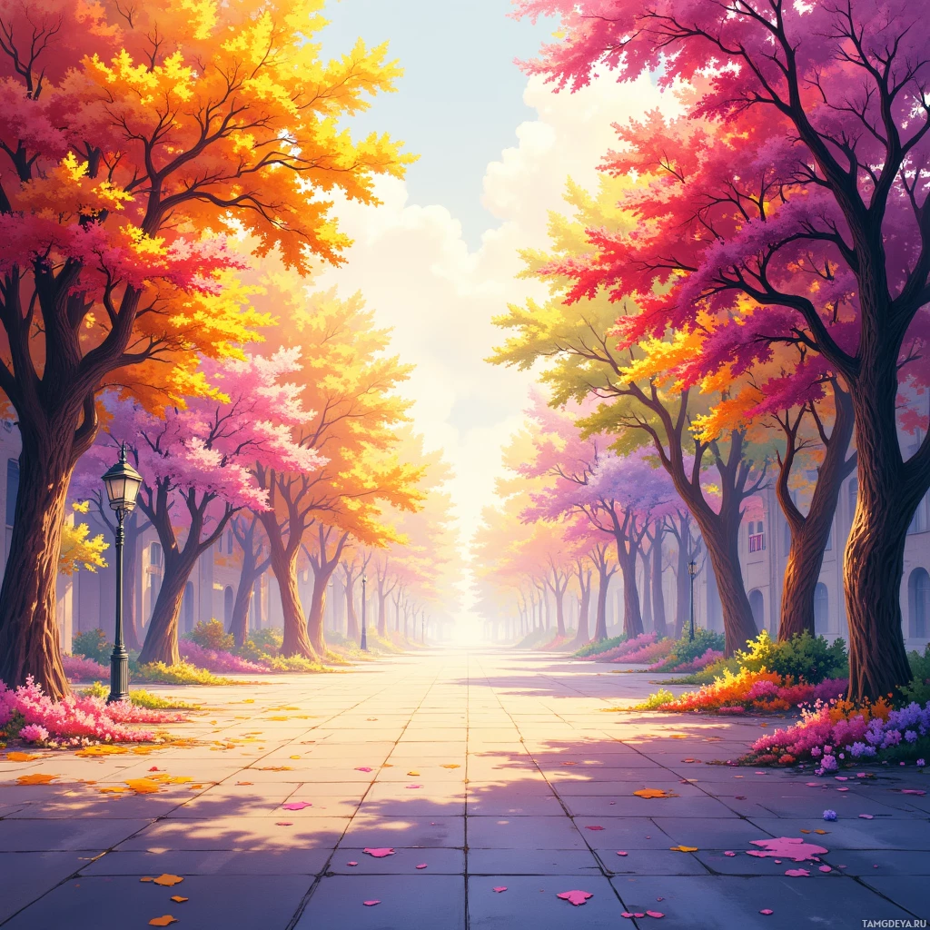 A vibrant, colorful pathway lined with trees displaying autumn foliage.