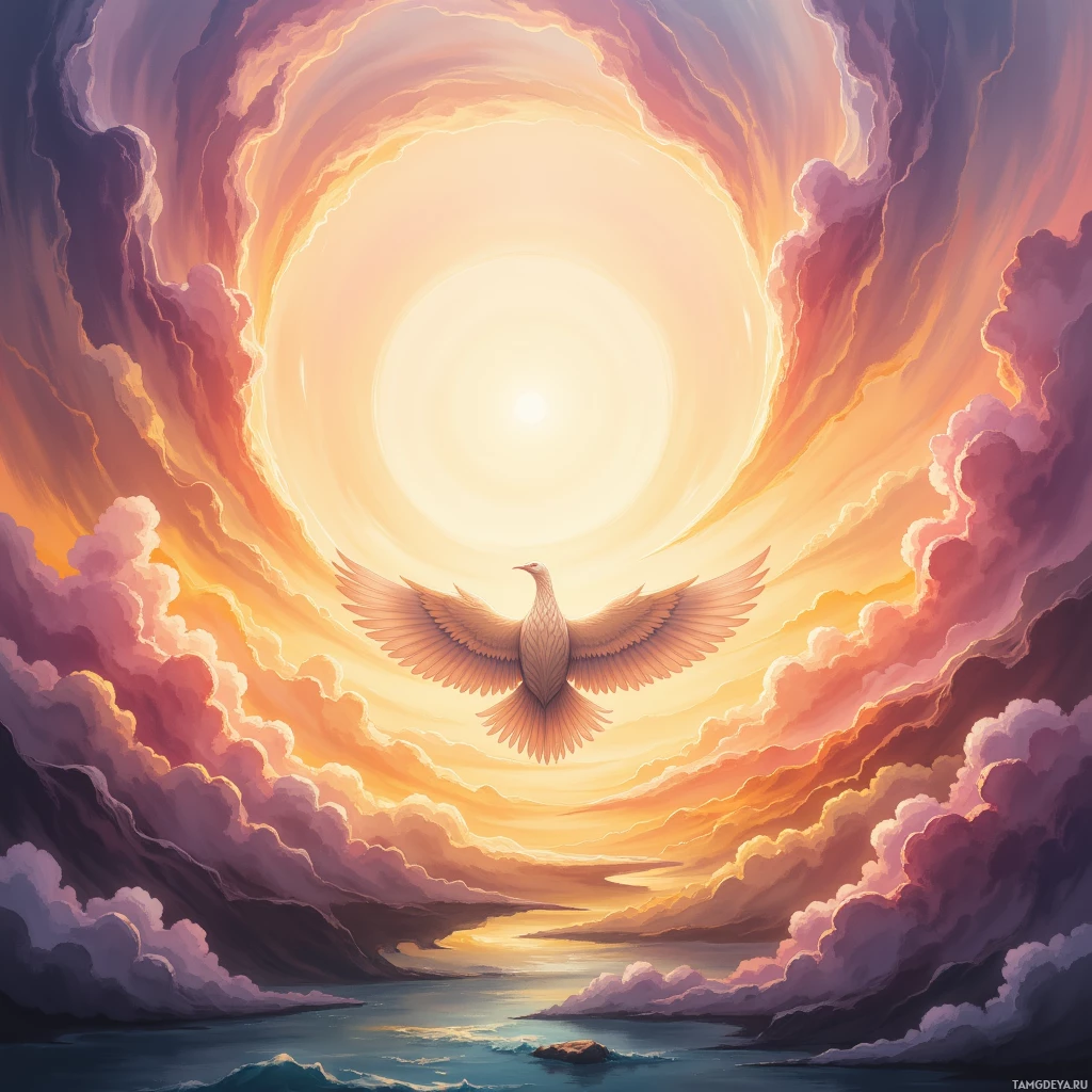 A serene sky with a glowing sun and a bird flying amidst swirling clouds.