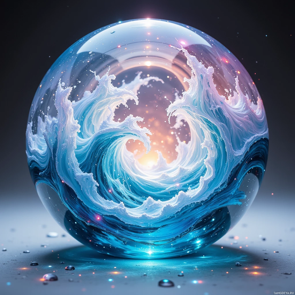A spherical glass object with swirling water patterns and glowing particles inside.