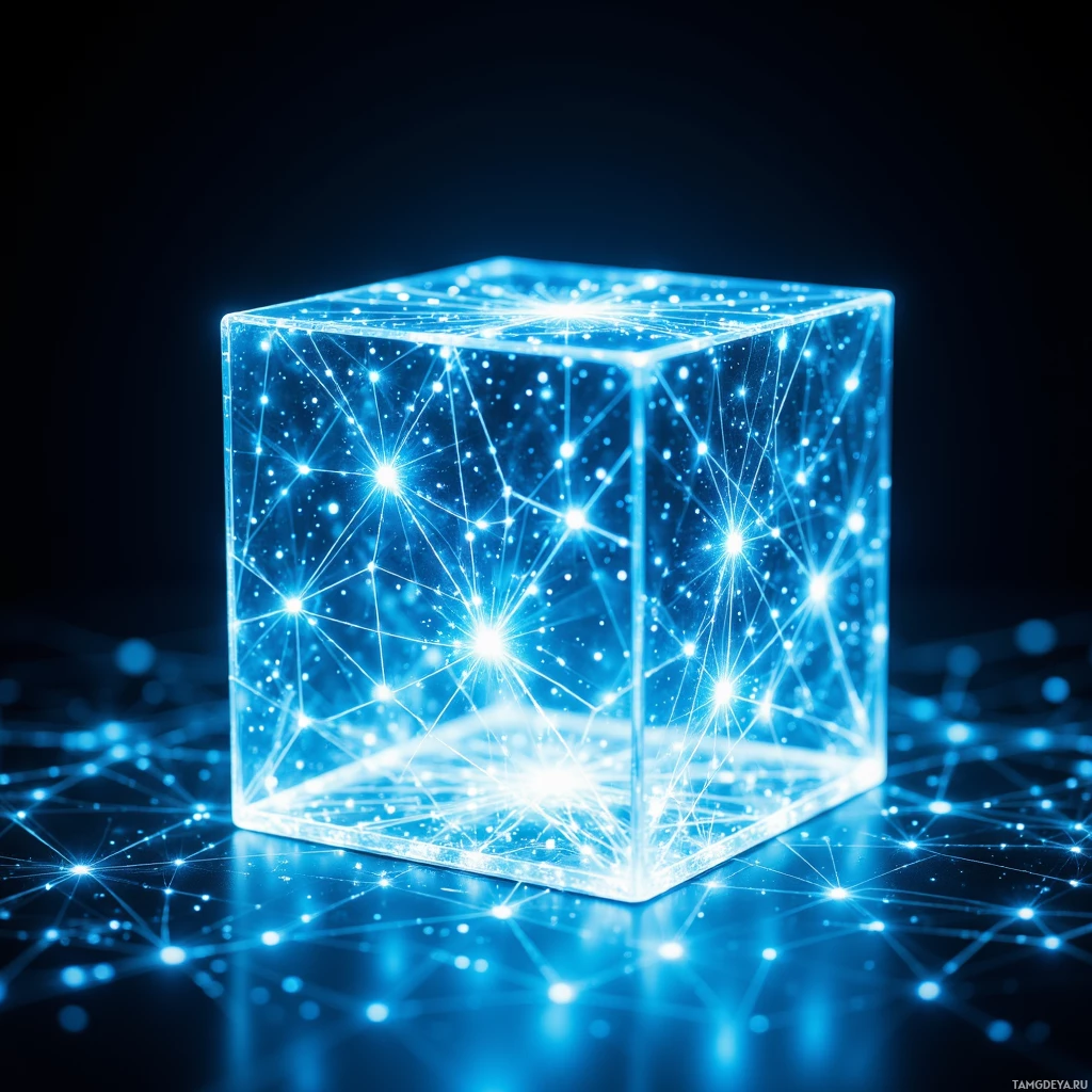 A glowing blue cube with interconnected lines and bright points inside it.