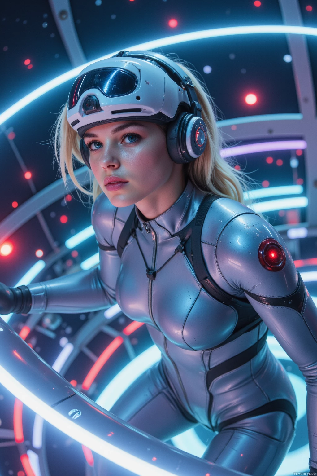 A futuristic character in a metallic suit and helmet stands in a neon-lit environment.