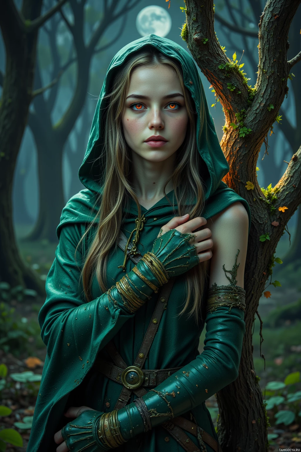 A person in a green hooded cloak and leather gloves stands in a misty forest.