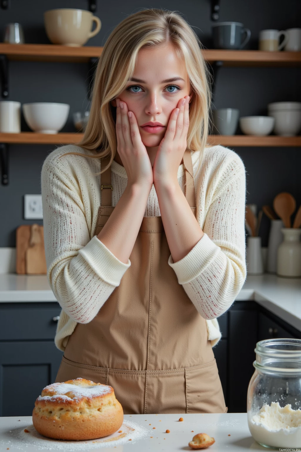 A person in a kitchen wearing an apron, with a powdered pastry and a jar of flour on the counter.