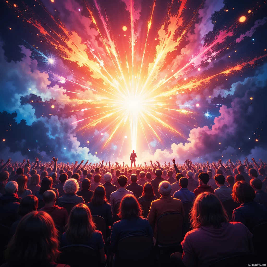 A crowd of people raises their hands as a bright light shines down from the sky.