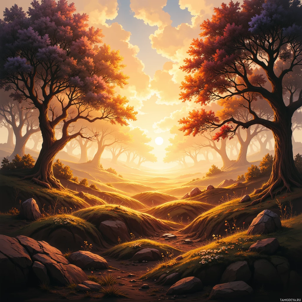 A serene landscape with colorful trees and a glowing sun in the sky.