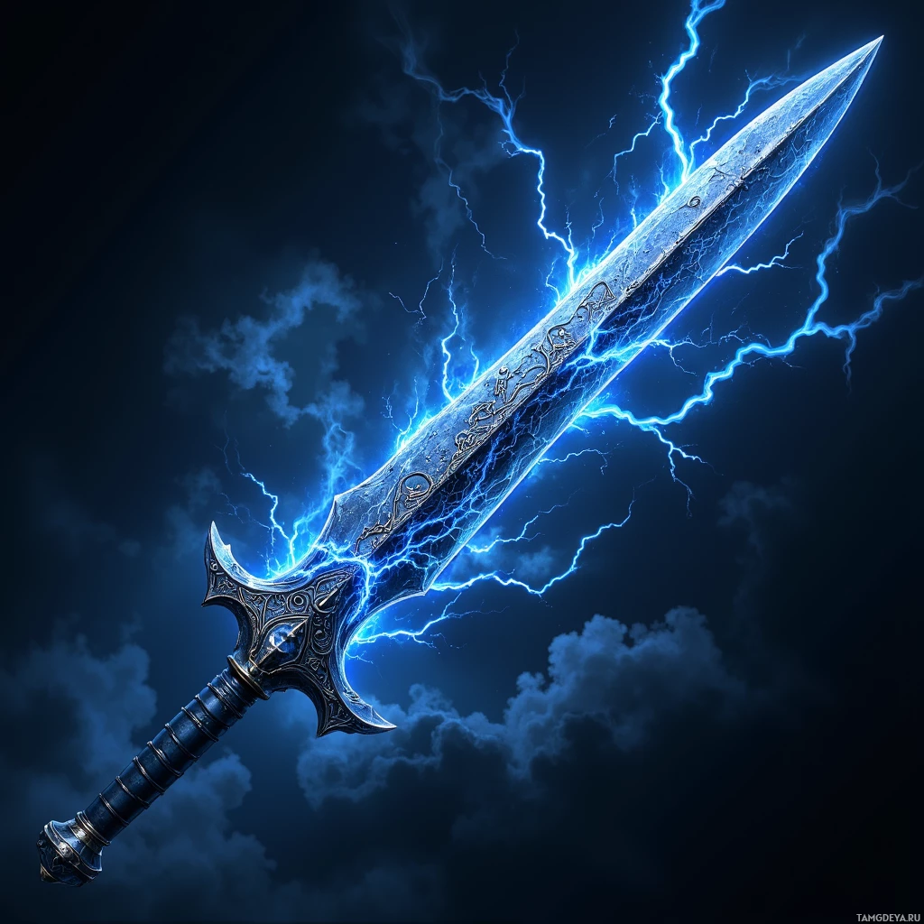 A glowing, electric blue sword with intricate designs against a dark, stormy sky.
