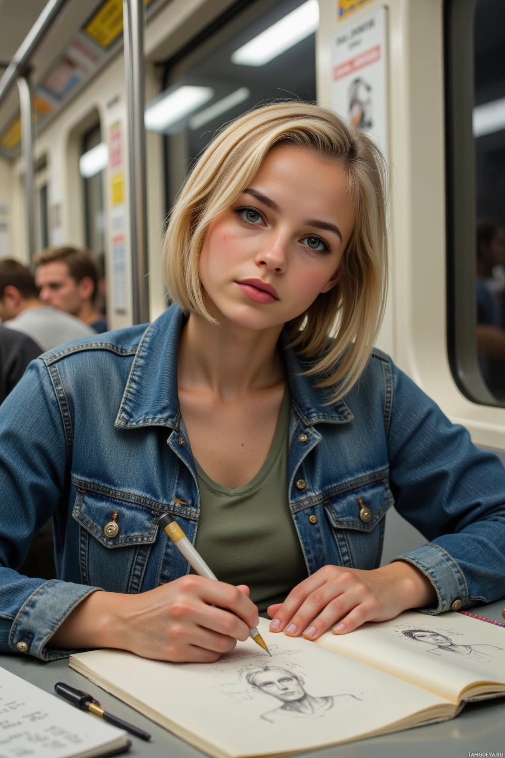 A person wearing a denim jacket is sketching in a notebook on a train.