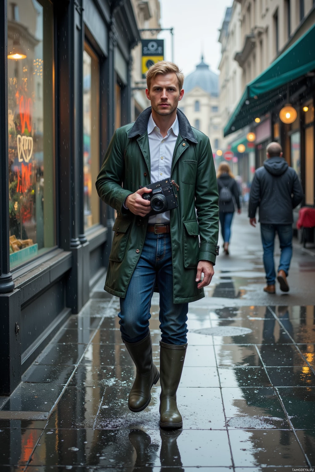Realistic high quality photo. A short-haired blonde man in a dark green raincoat over a white shirt, pale skin and sturdy rubber boots, calmly holds a weather‑sensor notebook and second‑lens camera as he walks along wet city street tiles beneath gentle drizzle, droplets tracing patterns on storefront glass.