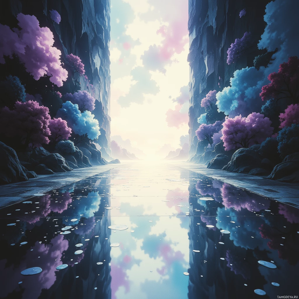 A serene landscape with reflective water, purple and blue trees, and a bright sky.