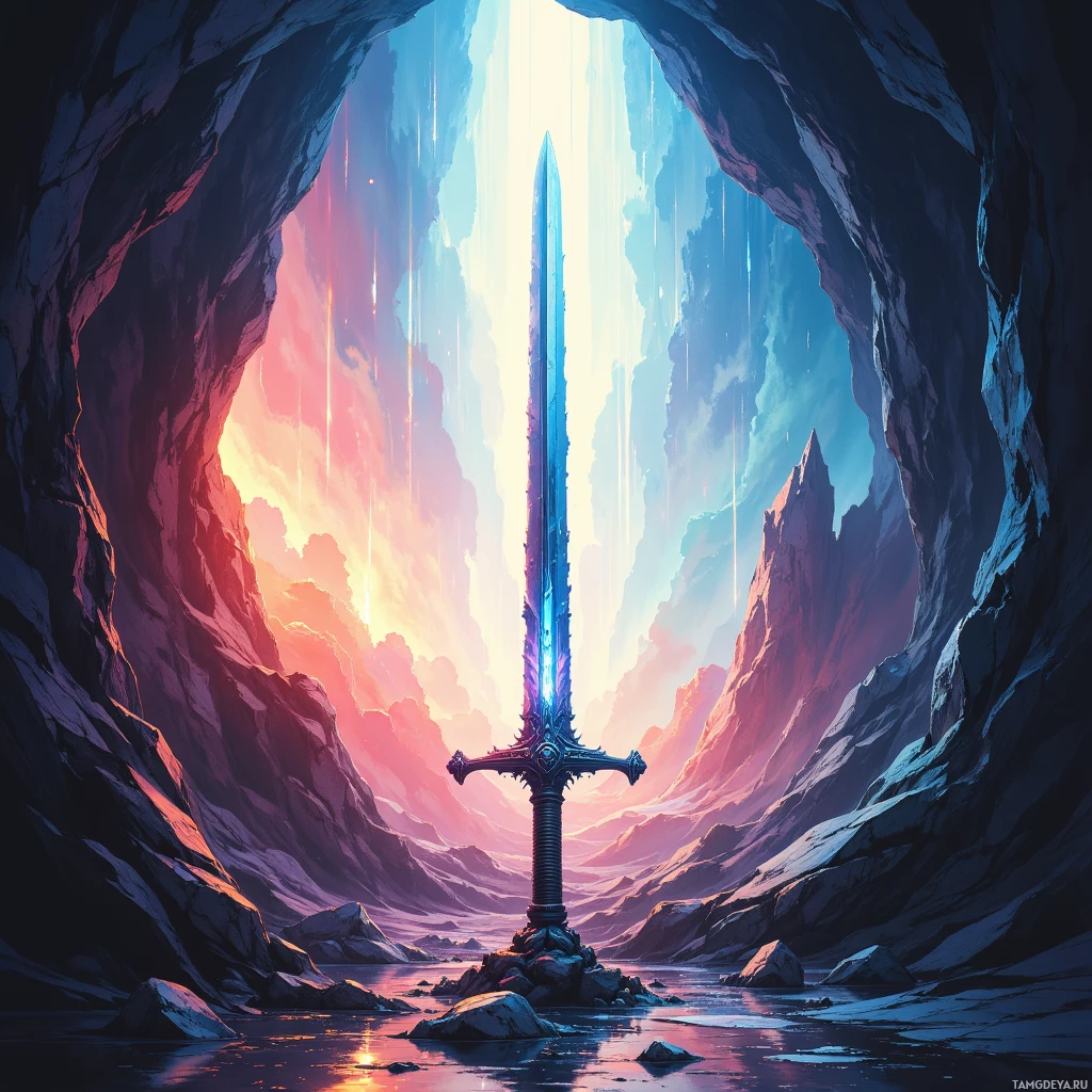 A glowing sword stands in a rocky landscape with vibrant sky hues.