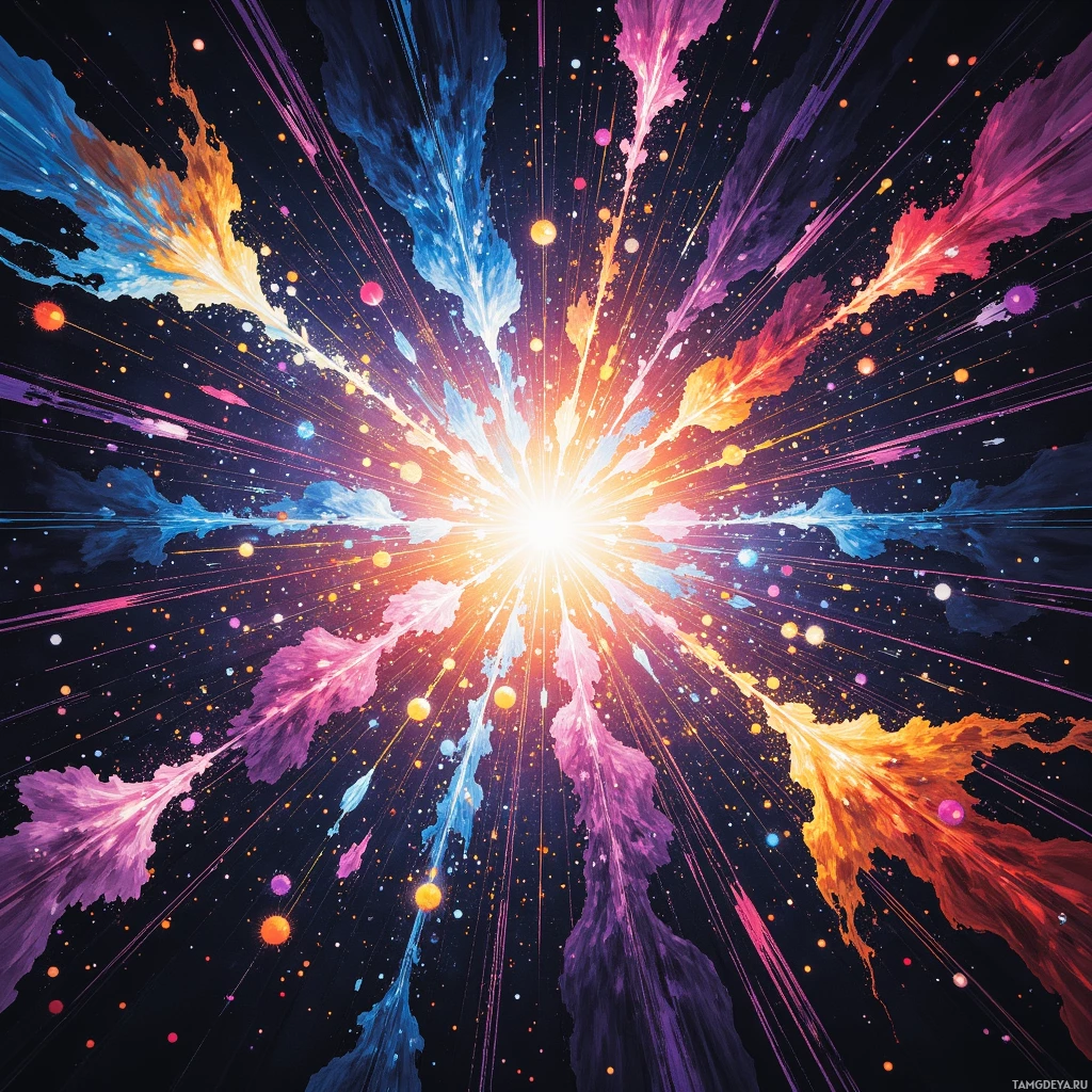 A vibrant cosmic explosion with radiant colors and dynamic lines radiating outward.
