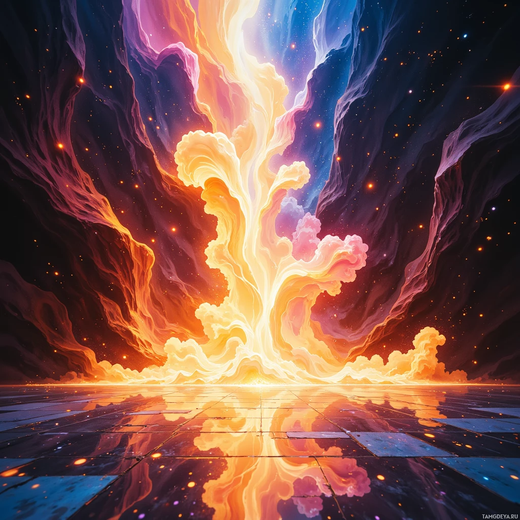A vibrant, abstract scene featuring swirling clouds and fiery hues reflected on a glossy surface.