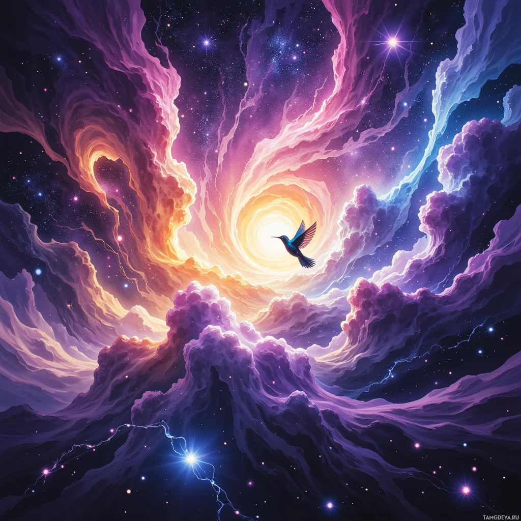 A vibrant cosmic scene featuring swirling clouds and a bird in flight against a starry background.