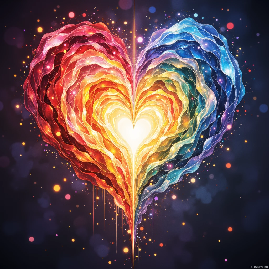 A vibrant, abstract heart with swirling colors and glowing particles.