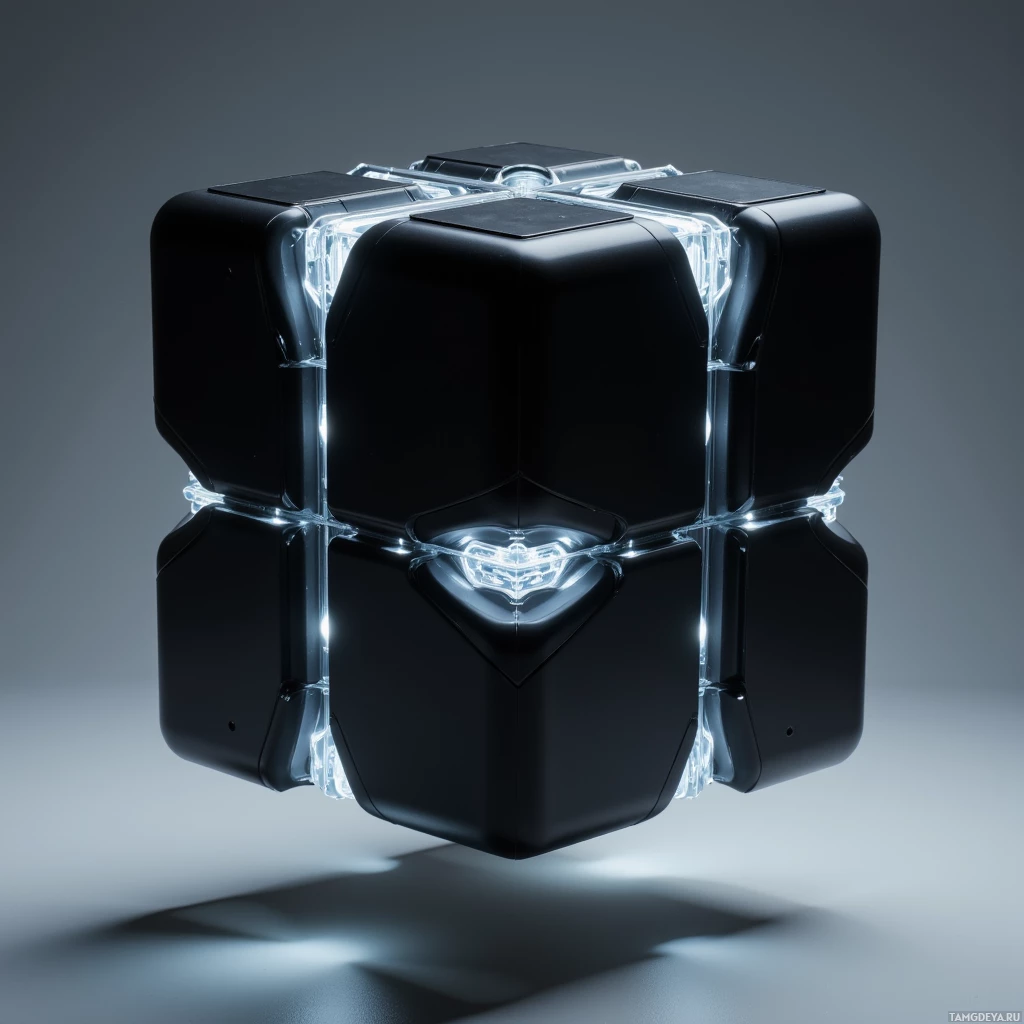 A black, futuristic cube with glowing white lights inside and around it.