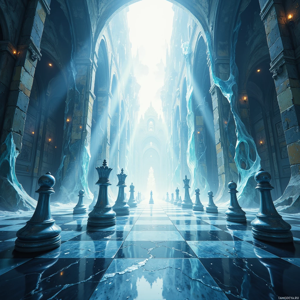 A grand, ethereal chessboard stretches into a luminous, arching corridor.