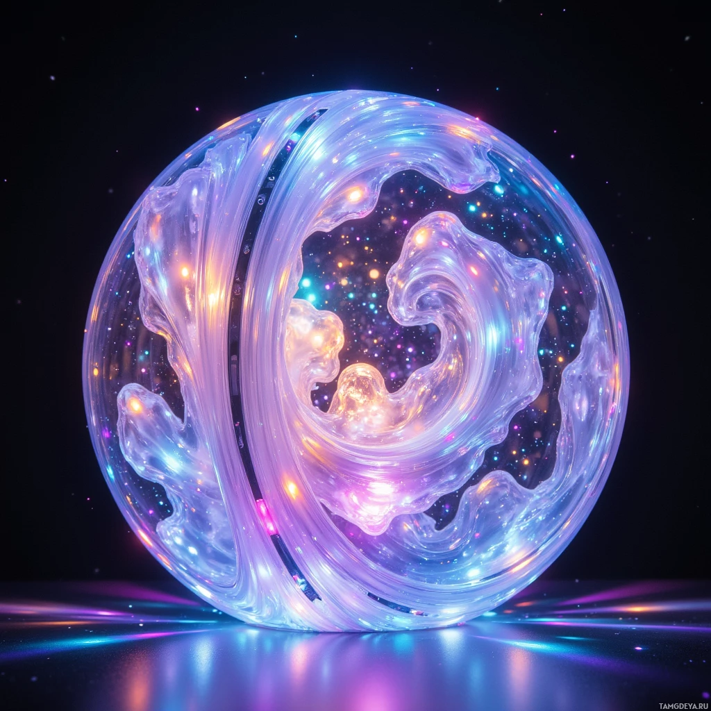 A glowing, translucent sphere with swirling patterns and embedded stars against a dark background.